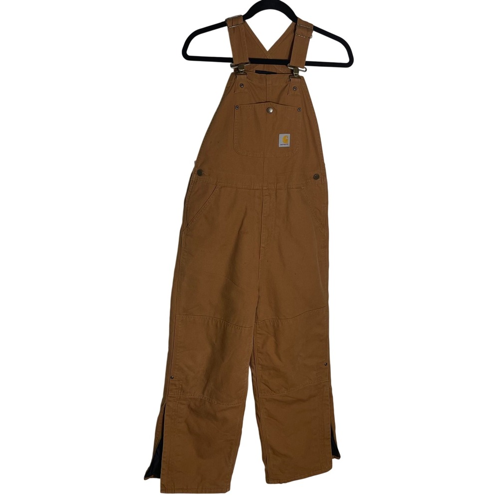 Carhartt Youth 12 Duck Canvas Bib Overalls Brown Insulated Workwear Snow Pants
